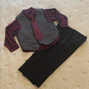 Nautica Red and Gray Plaid Shirt with Vest and Tie Set